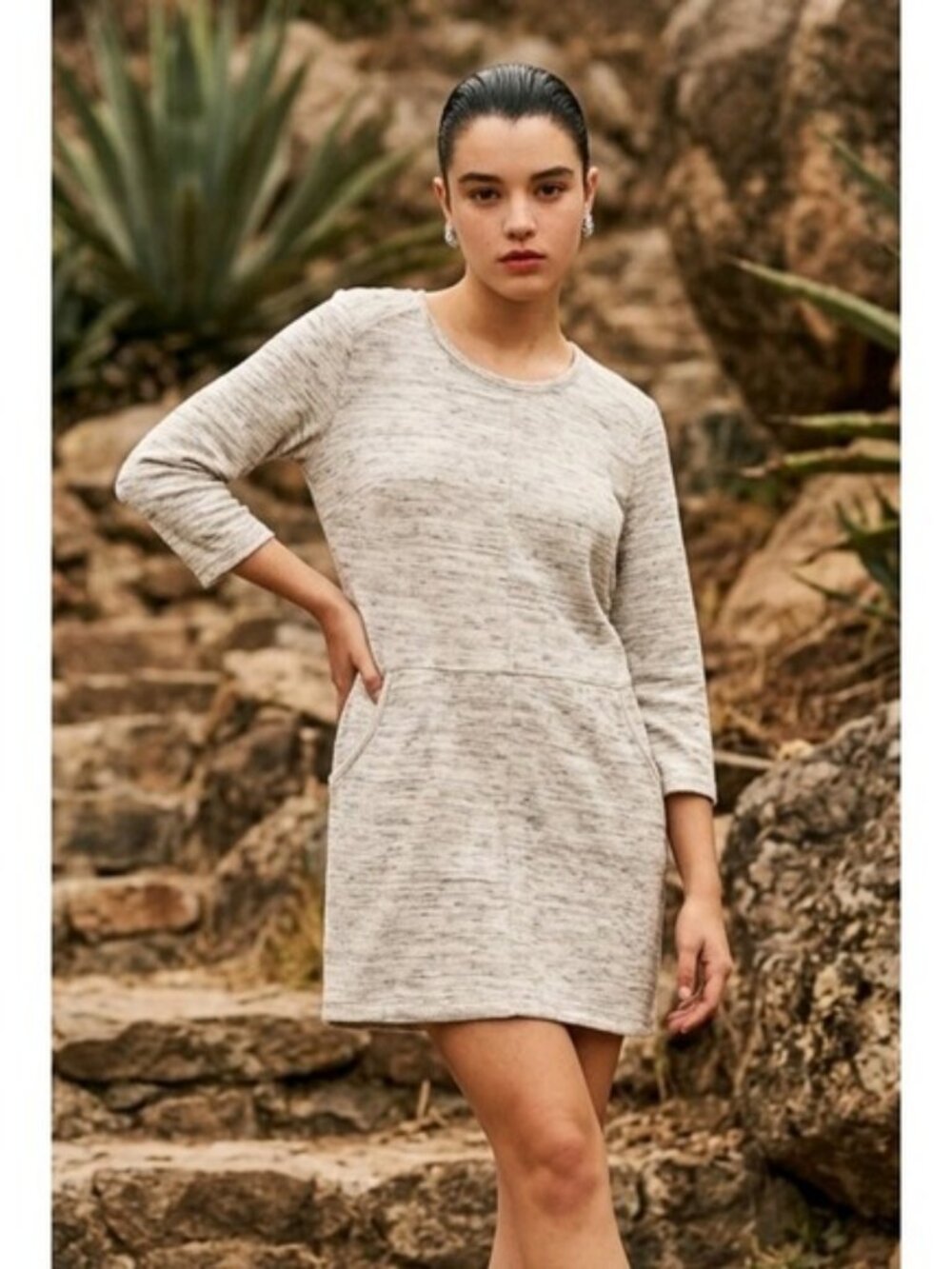 Betsey Johnson SZ M Marled Gray Pullover Sweatshirt Dress 3/4 Sleeve W/Pockets